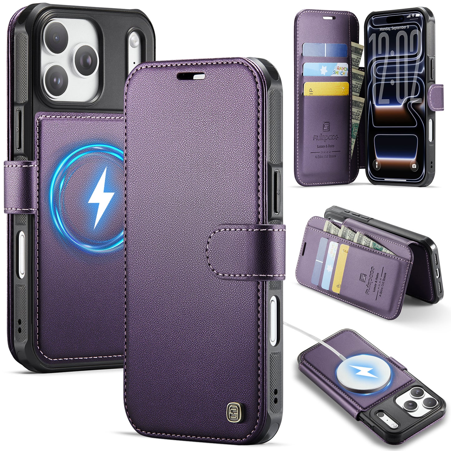 AUTSPACE for iPhone 17 Pro A15 Case RFID Blocking Wallet Leather Magnetic Phone Cover