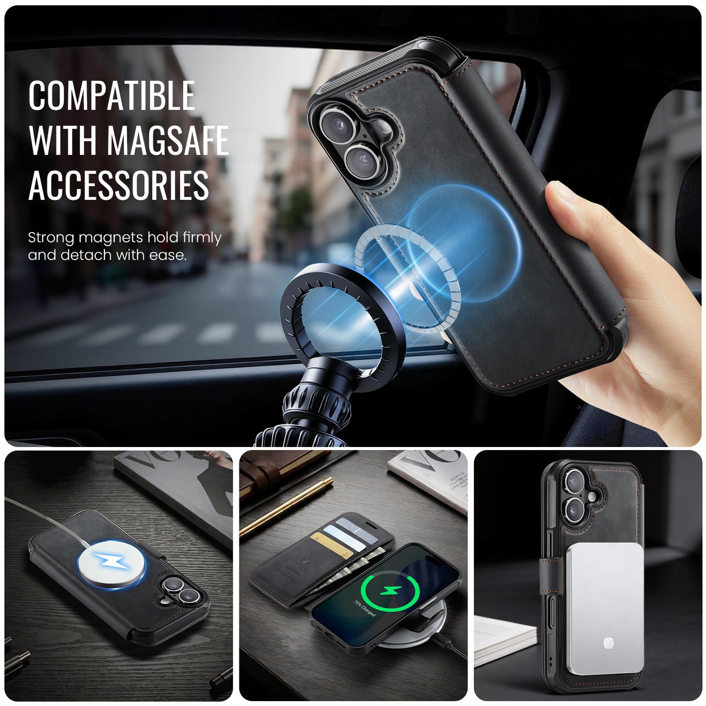 AUTSPACE for iPhone 17 A15 Case RFID Blocking Wallet Leather Magnetic Phone Cover