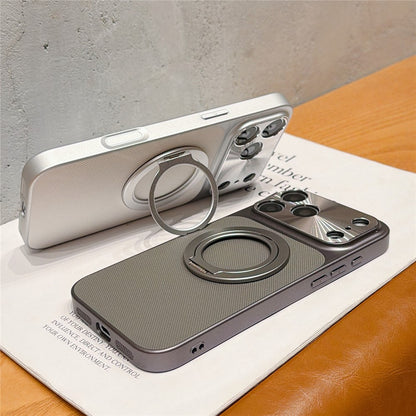 For iPhone 17 Pro Max Magnetic Case Ring Kickstand Tech Fabric Coated PC + TPU Phone Back Cover with Tempered Glass Screen Protector