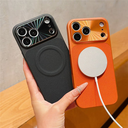 For iPhone 17 Pro Max Magnetic Case Ring Kickstand Tech Fabric Coated PC + TPU Phone Back Cover with Tempered Glass Screen Protector
