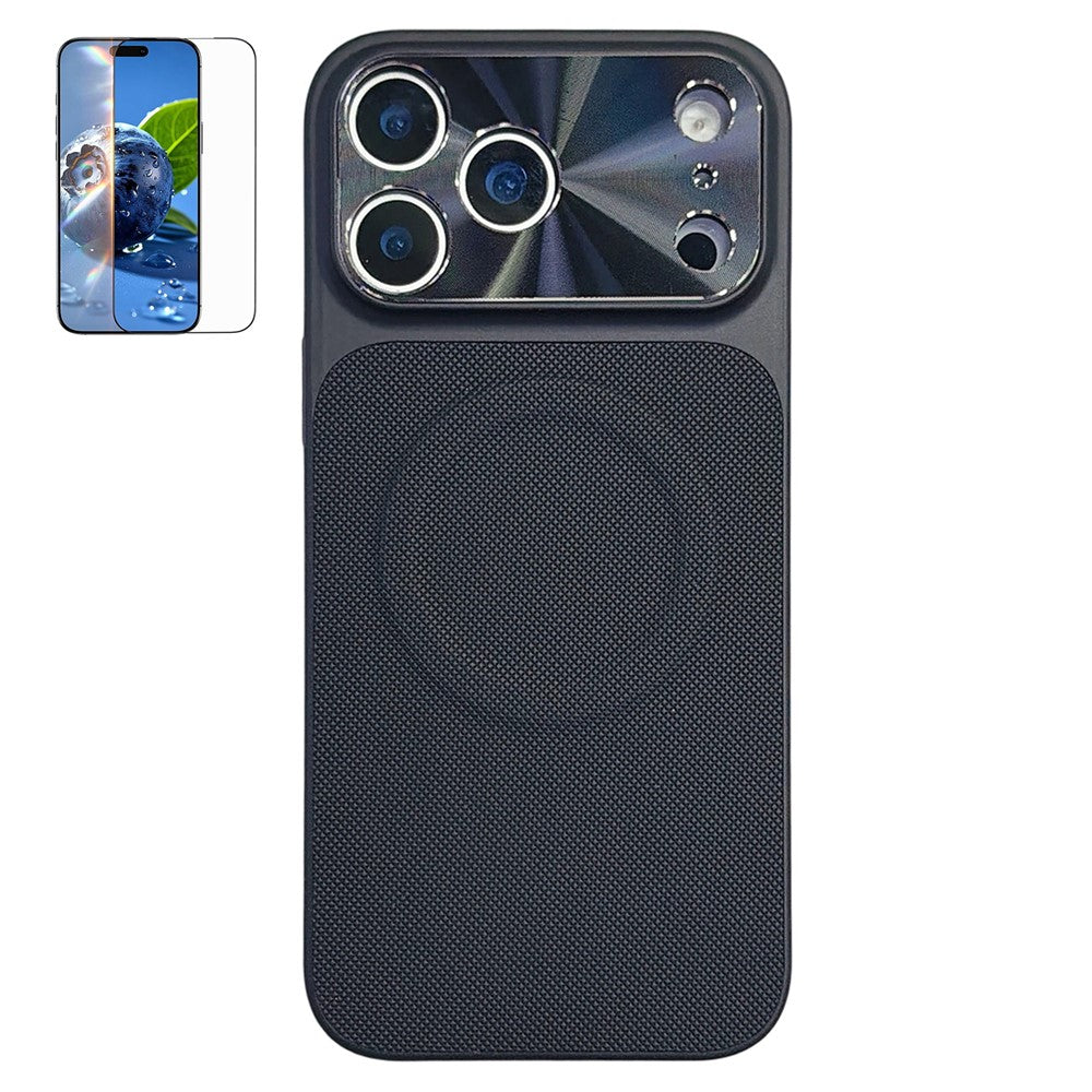 For iPhone 17 Pro Max Magnetic Case Ring Kickstand Tech Fabric Coated PC + TPU Phone Back Cover with Tempered Glass Screen Protector