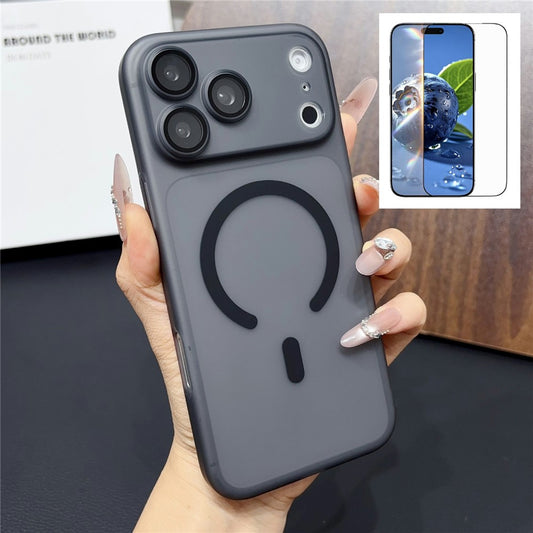 For iPhone 17 Pro Max Magnetic Case with Camera Lens Protector Matte PC Shockproof Phone Cover + Tempered Glass Screen Protector
