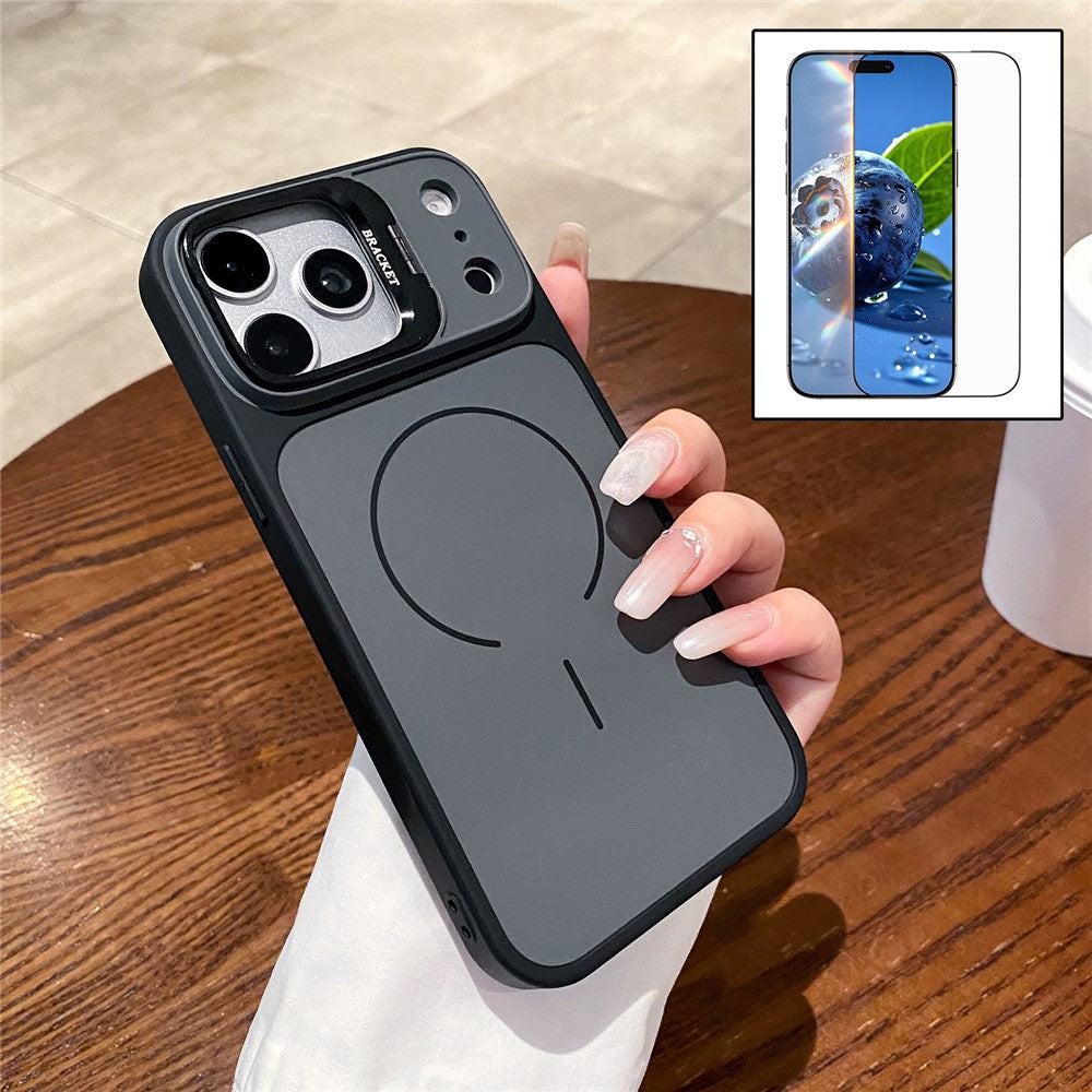 For iPhone 17 Pro Max Magnetic Case Hidden Camera Kickstand PC + TPU Phone Cover with Tempered Glass Screen Protector