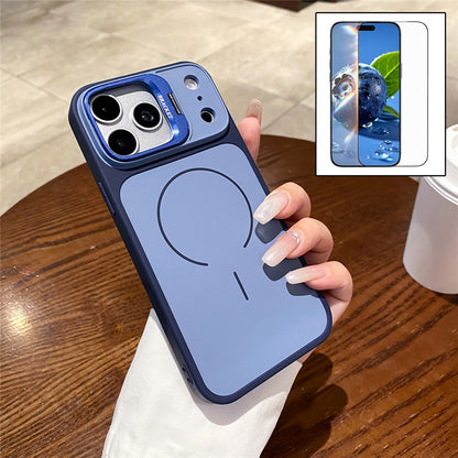 For iPhone 17 Pro Max Magnetic Case Hidden Camera Kickstand PC + TPU Phone Cover with Tempered Glass Screen Protector