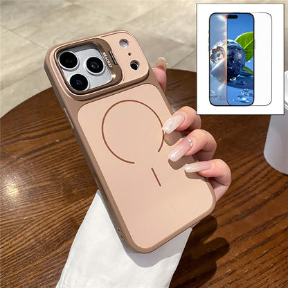 For iPhone 17 Pro Magnetic Case Hidden Camera Kickstand PC + TPU Phone Cover with Tempered Glass Screen Protector