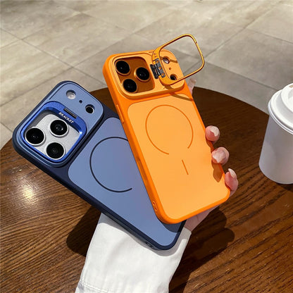 For iPhone 17 Pro Magnetic Case Hidden Camera Kickstand PC + TPU Phone Cover with Tempered Glass Screen Protector