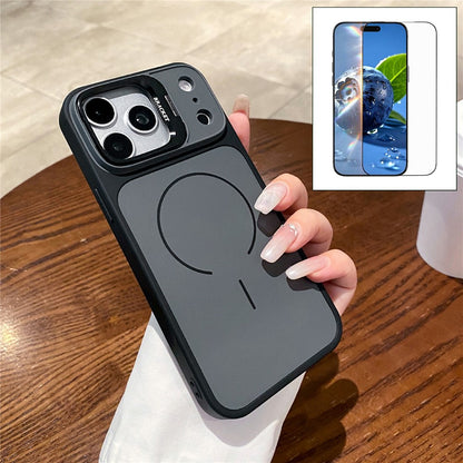 For iPhone 17 Pro Magnetic Case Hidden Camera Kickstand PC + TPU Phone Cover with Tempered Glass Screen Protector