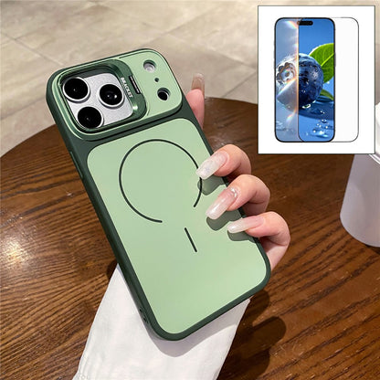 For iPhone 17 Pro Magnetic Case Hidden Camera Kickstand PC + TPU Phone Cover with Tempered Glass Screen Protector