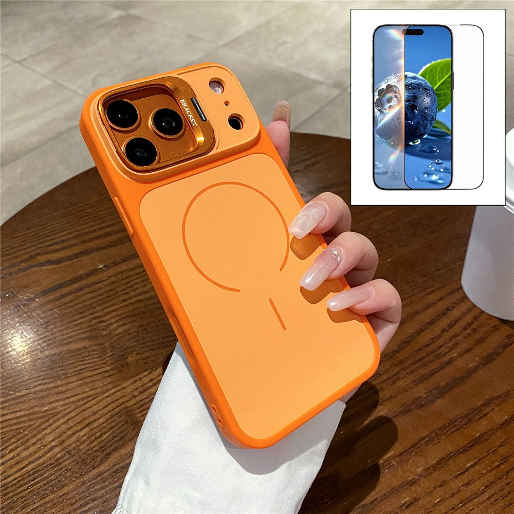 For iPhone 17 Pro Magnetic Case Hidden Camera Kickstand PC + TPU Phone Cover with Tempered Glass Screen Protector