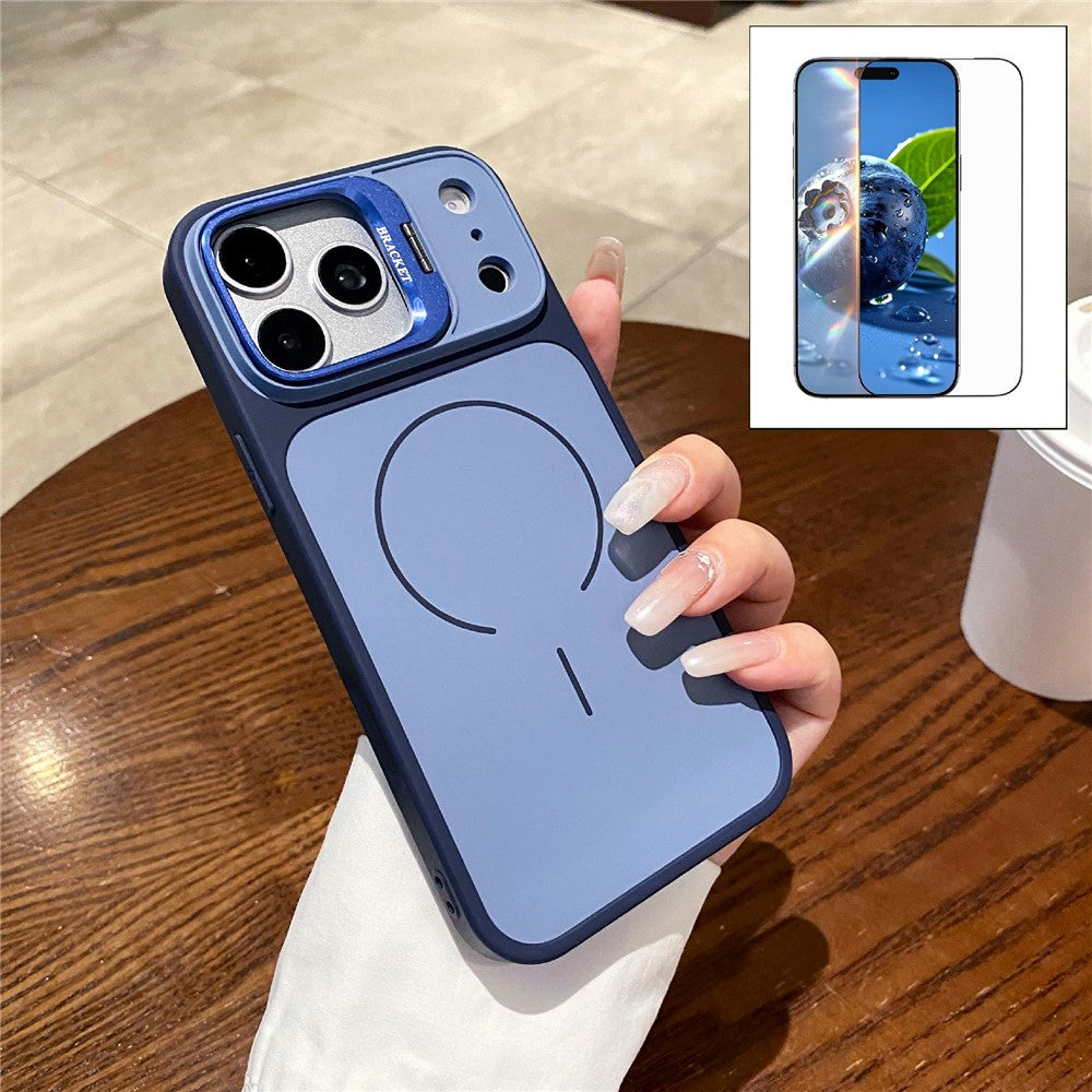 For iPhone 17 Pro Magnetic Case Hidden Camera Kickstand PC + TPU Phone Cover with Tempered Glass Screen Protector