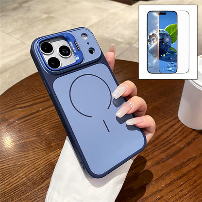 For iPhone 17 Pro Magnetic Case Hidden Camera Kickstand PC + TPU Phone Cover with Tempered Glass Screen Protector