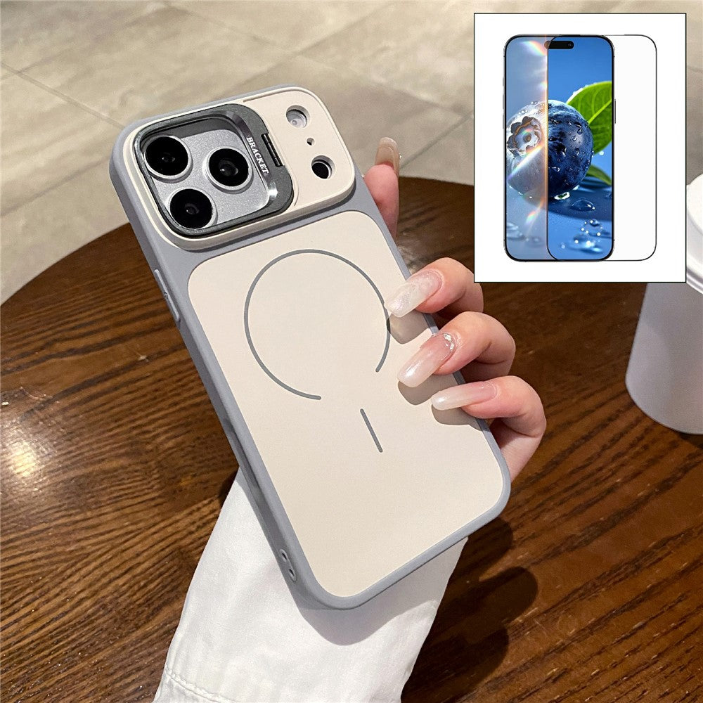 For iPhone 17 Pro Magnetic Case Hidden Camera Kickstand PC + TPU Phone Cover with Tempered Glass Screen Protector
