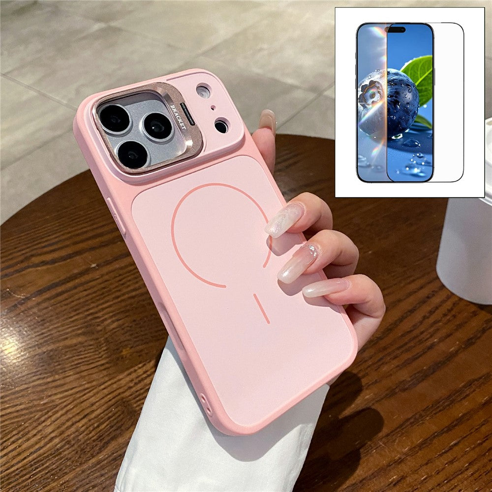 For iPhone 17 Pro Magnetic Case Hidden Camera Kickstand PC + TPU Phone Cover with Tempered Glass Screen Protector
