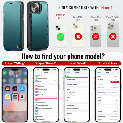 CASEME for iPhone 15 Case  053  Magnetic RFID Blocking Wallet Flip Leather Phone Cover