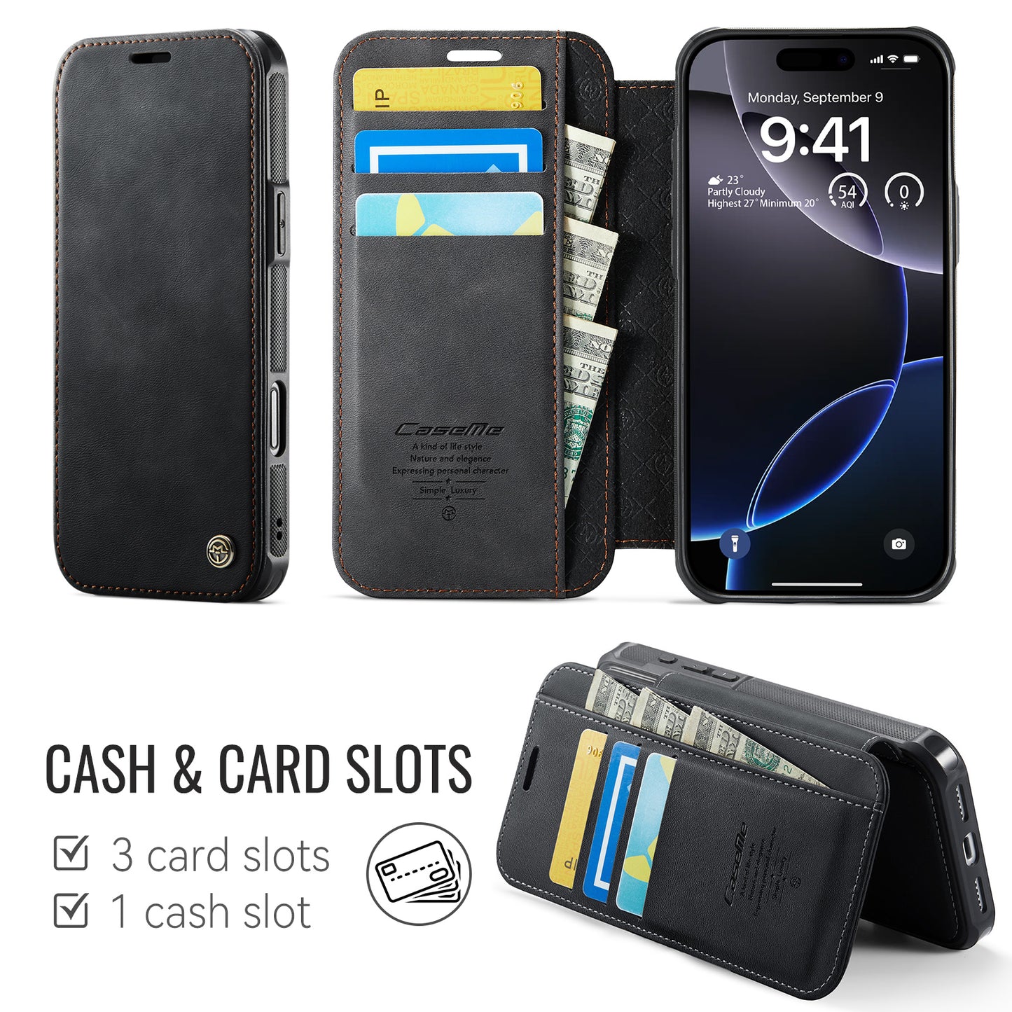 CASEME for iPhone 16 Pro Case  053  Magnetic RFID Blocking Wallet Flip Leather Phone Cover