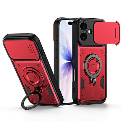 For iPhone 16 Case with Slide Lens Cover Rotatable Kickstand Shockproof TPU + PC Phone Shell