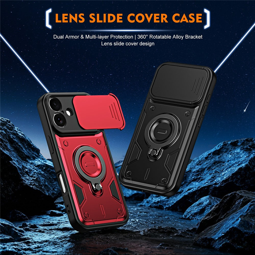 For iPhone 16 Case with Slide Lens Cover Rotatable Kickstand Shockproof TPU + PC Phone Shell