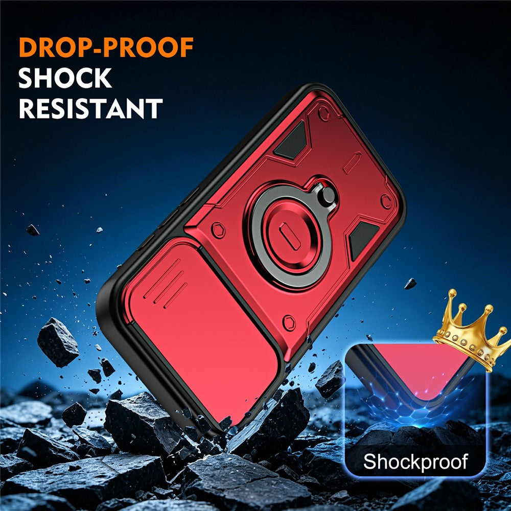 For iPhone 16 Case with Slide Lens Cover Rotatable Kickstand Shockproof TPU + PC Phone Shell