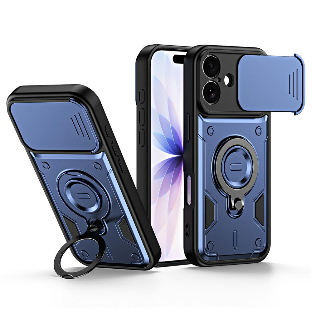 For iPhone 16 Case with Slide Lens Cover Rotatable Kickstand Shockproof TPU + PC Phone Shell