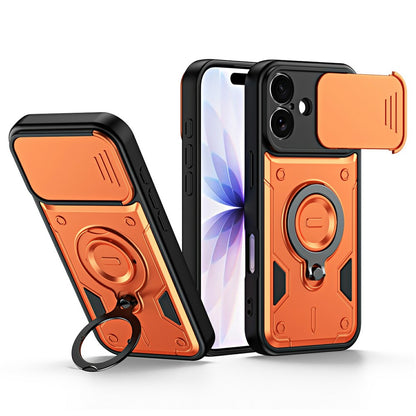 For iPhone 16 Case with Slide Lens Cover Rotatable Kickstand Shockproof TPU + PC Phone Shell