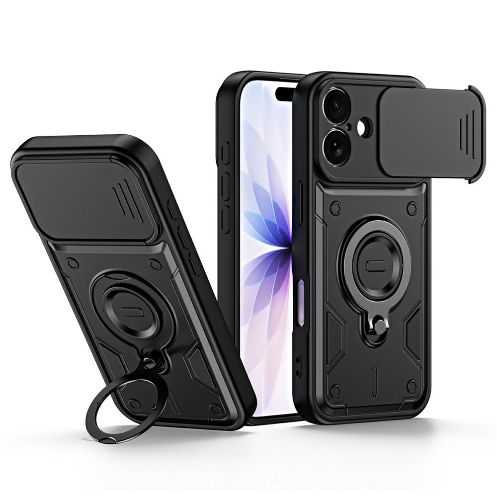 For iPhone 16 Case with Slide Lens Cover Rotatable Kickstand Shockproof TPU + PC Phone Shell