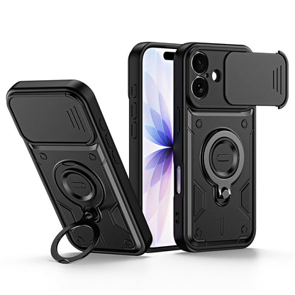 For iPhone 16 Case with Slide Lens Cover Rotatable Kickstand Shockproof TPU + PC Phone Shell