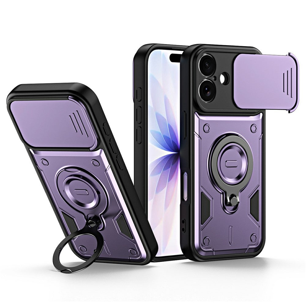 For iPhone 16 Case with Slide Lens Cover Rotatable Kickstand Shockproof TPU + PC Phone Shell