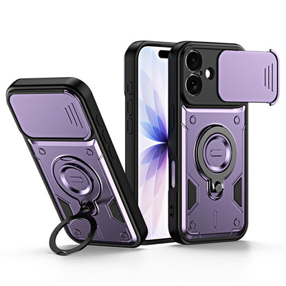 For iPhone 16 Case with Slide Lens Cover Rotatable Kickstand Shockproof TPU + PC Phone Shell