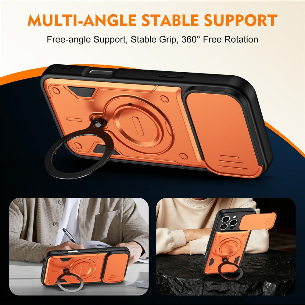 For iPhone 16 Pro Case with Slide Lens Cover Rotatable Kickstand Shockproof TPU + PC Phone Shell