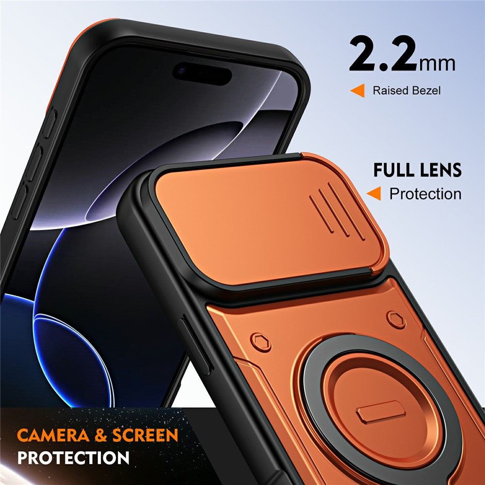 For iPhone 16 Pro Case with Slide Lens Cover Rotatable Kickstand Shockproof TPU + PC Phone Shell