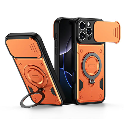 For iPhone 16 Pro Max Case with Slide Lens Cover Rotatable Kickstand Shockproof TPU + PC Phone Shell