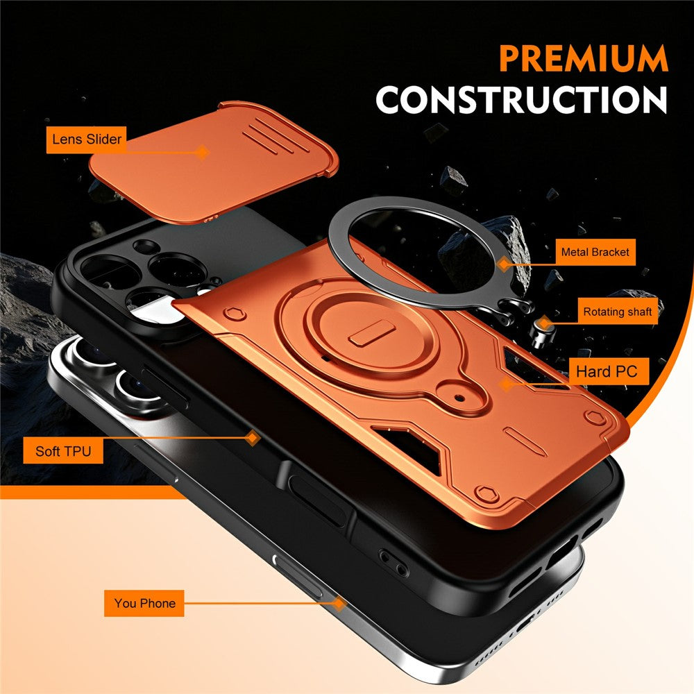 For iPhone 16 Pro Max Case with Slide Lens Cover Rotatable Kickstand Shockproof TPU + PC Phone Shell