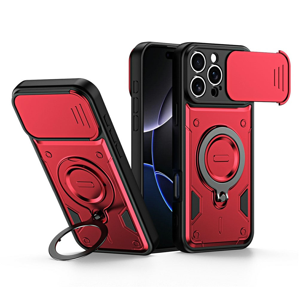 For iPhone 16 Pro Max Case with Slide Lens Cover Rotatable Kickstand Shockproof TPU + PC Phone Shell