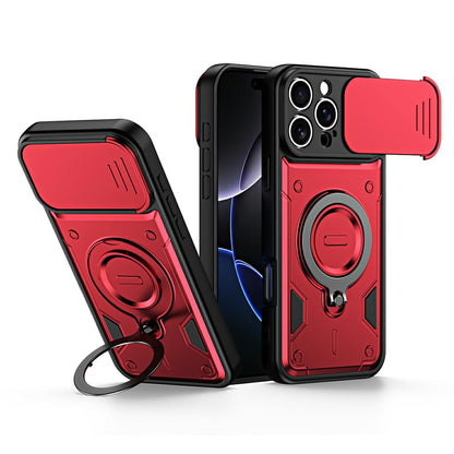 For iPhone 16 Pro Max Case with Slide Lens Cover Rotatable Kickstand Shockproof TPU + PC Phone Shell