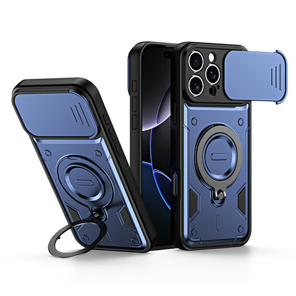 For iPhone 16 Pro Max Case with Slide Lens Cover Rotatable Kickstand Shockproof TPU + PC Phone Shell