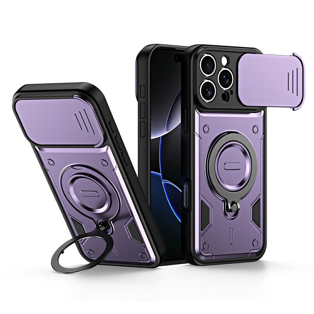 For iPhone 16 Pro Max Case with Slide Lens Cover Rotatable Kickstand Shockproof TPU + PC Phone Shell