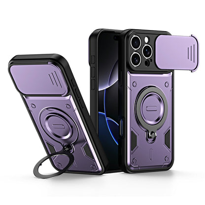 For iPhone 16 Pro Max Case with Slide Lens Cover Rotatable Kickstand Shockproof TPU + PC Phone Shell
