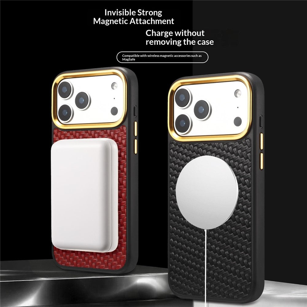 DENIOR A26+1 For iPhone 17 Pro Magnetic Case Woven Texture Genuine Cow Leather Coated PC TPU Phone Cover with Metal Lens Frame