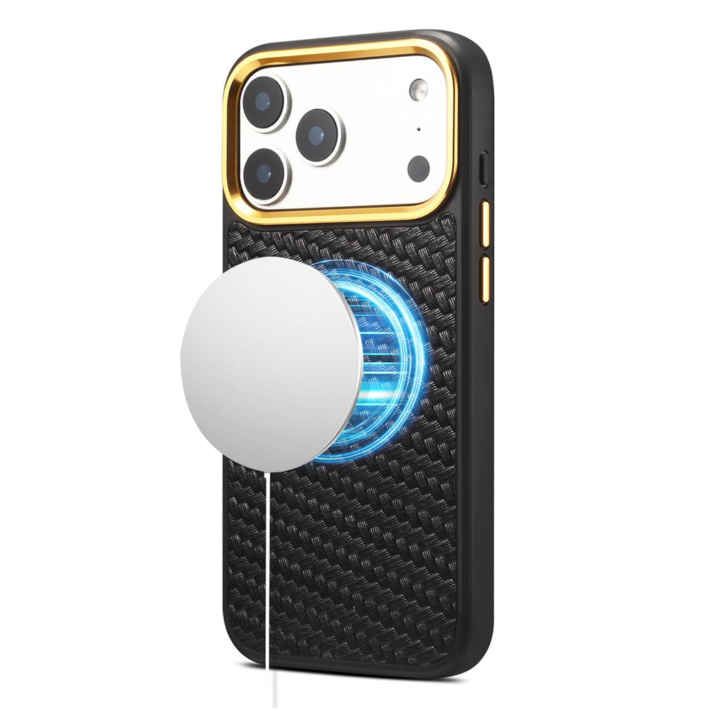 DENIOR A26+1 For iPhone 17 Pro Magnetic Case Woven Texture Genuine Cow Leather Coated PC TPU Phone Cover with Metal Lens Frame
