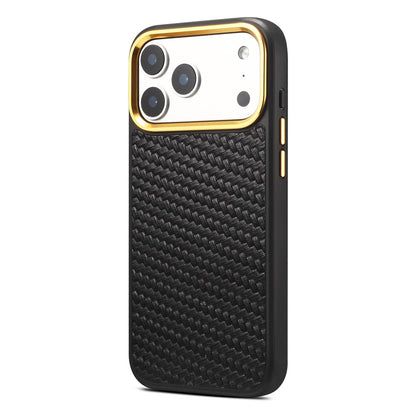DENIOR A26+1 For iPhone 17 Pro Magnetic Case Woven Texture Genuine Cow Leather Coated PC TPU Phone Cover with Metal Lens Frame