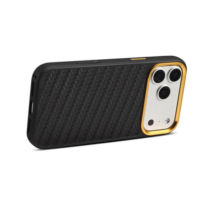 DENIOR A26+1 For iPhone 17 Pro Magnetic Case Woven Texture Genuine Cow Leather Coated PC TPU Phone Cover with Metal Lens Frame