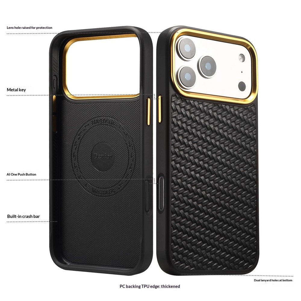 DENIOR A26+1 For iPhone 17 Pro Magnetic Case Woven Texture Genuine Cow Leather Coated PC TPU Phone Cover with Metal Lens Frame