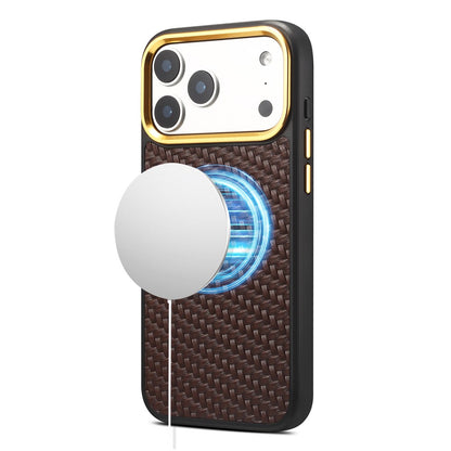 DENIOR A26+1 For iPhone 17 Pro Magnetic Case Woven Texture Genuine Cow Leather Coated PC TPU Phone Cover with Metal Lens Frame