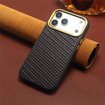 DENIOR A26+1 For iPhone 17 Pro Max Magnetic Case Woven Texture Genuine Cow Leather Coated PC TPU Phone Cover with Metal Lens Frame