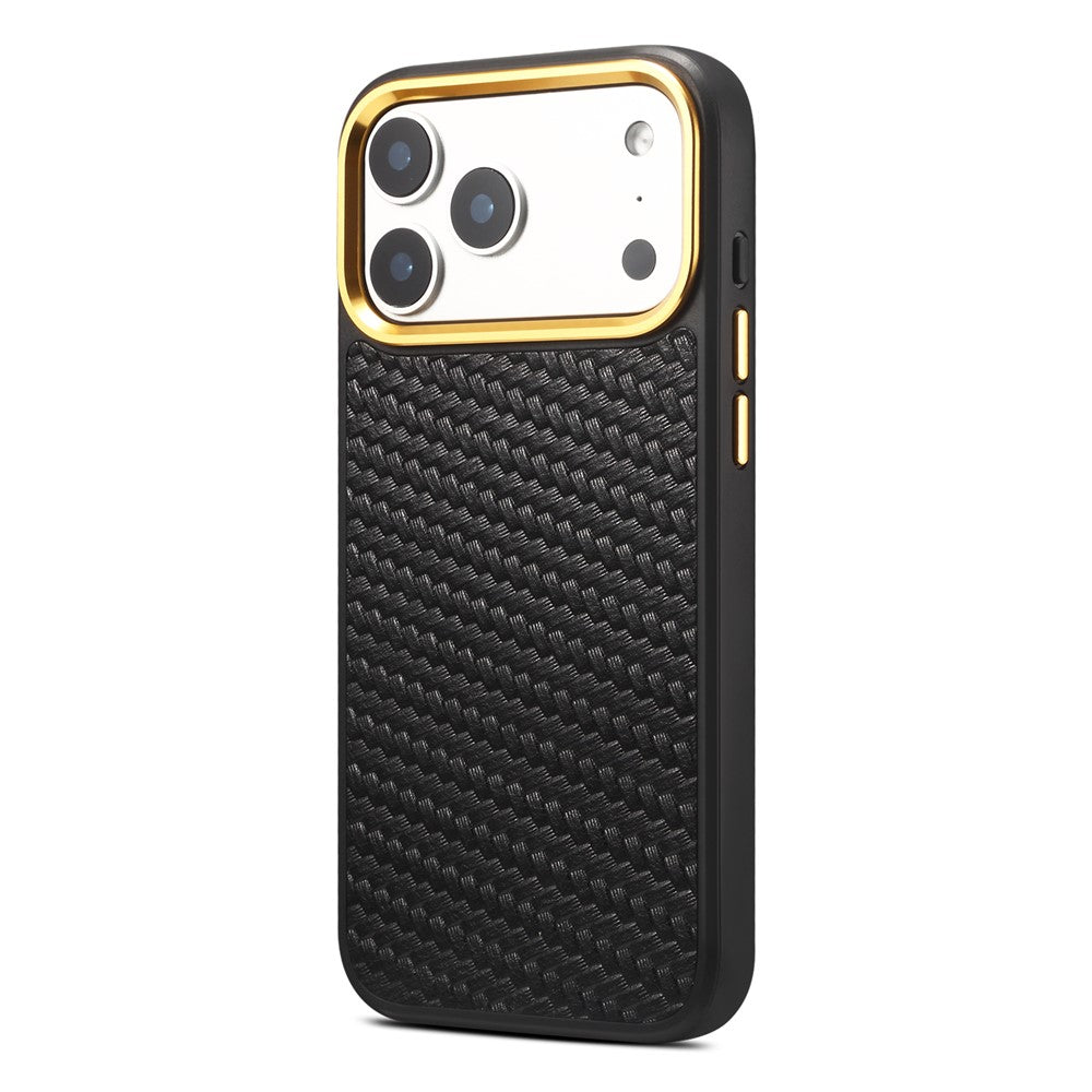 DENIOR A26+1 For iPhone 17 Pro Max Magnetic Case Woven Texture Genuine Cow Leather Coated PC TPU Phone Cover with Metal Lens Frame