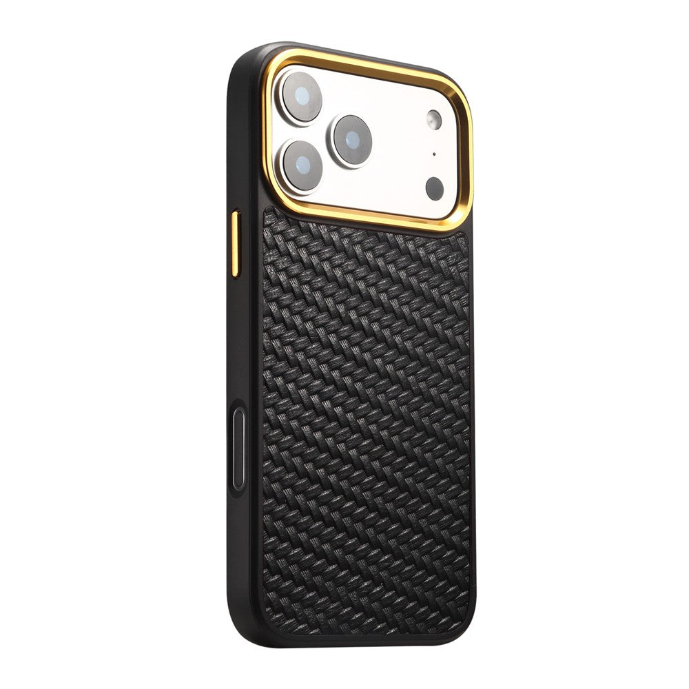 DENIOR A26+1 For iPhone 17 Pro Max Magnetic Case Woven Texture Genuine Cow Leather Coated PC TPU Phone Cover with Metal Lens Frame