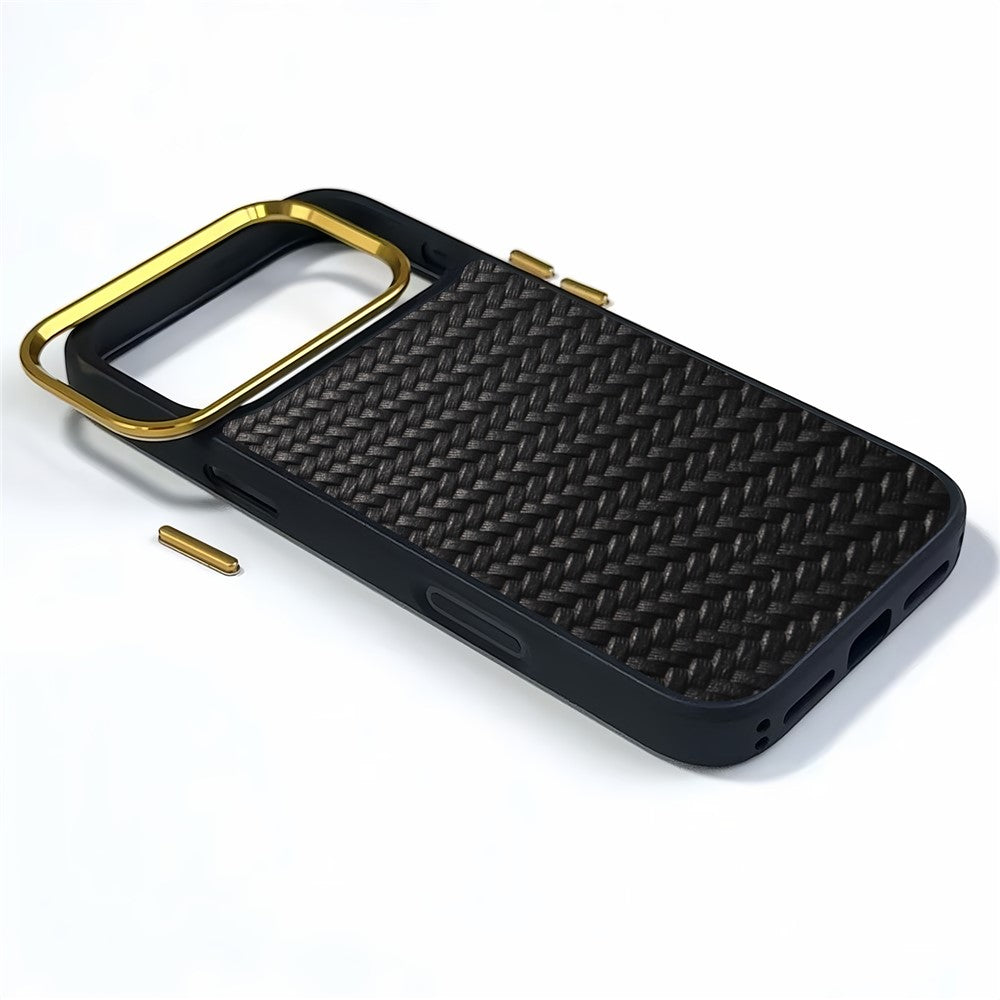 DENIOR A26+1 For iPhone 17 Pro Max Magnetic Case Woven Texture Genuine Cow Leather Coated PC TPU Phone Cover with Metal Lens Frame