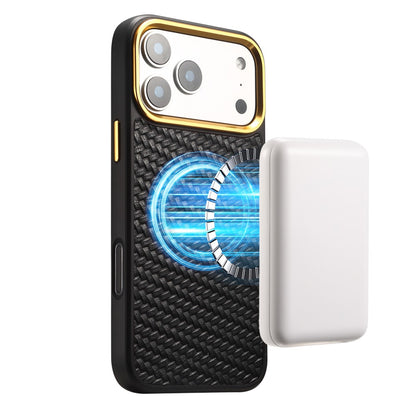 DENIOR A26+1 For iPhone 17 Pro Max Magnetic Case Woven Texture Genuine Cow Leather Coated PC TPU Phone Cover with Metal Lens Frame