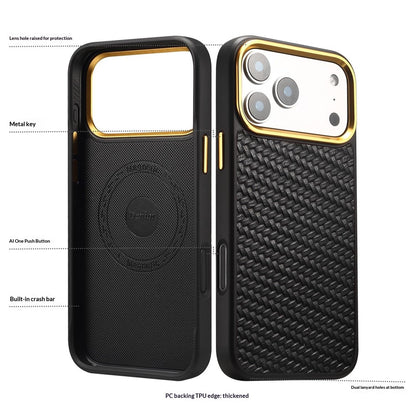 DENIOR A26+1 For iPhone 17 Pro Max Magnetic Case Woven Texture Genuine Cow Leather Coated PC TPU Phone Cover with Metal Lens Frame