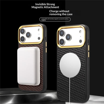 DENIOR A26+1 For iPhone 17 Pro Max Magnetic Case Woven Texture Genuine Cow Leather Coated PC TPU Phone Cover with Metal Lens Frame